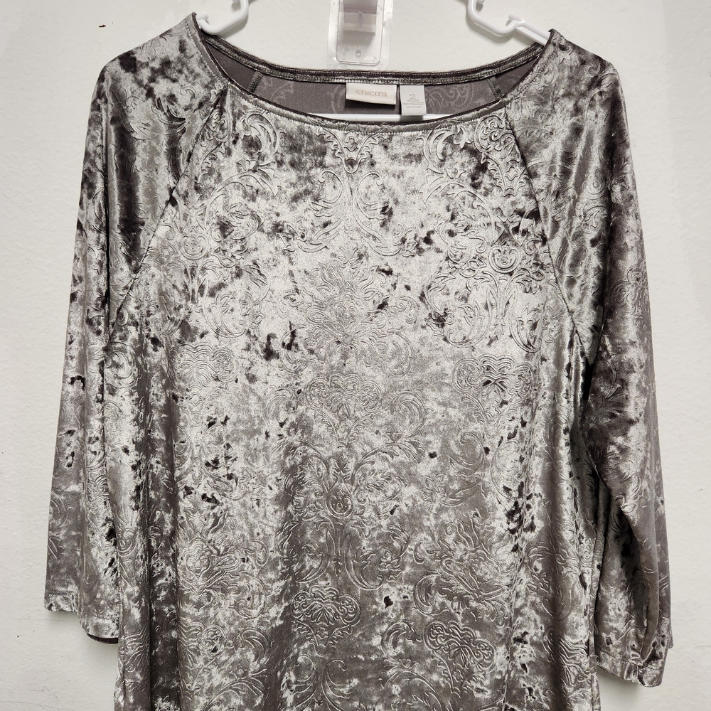 Velvet Embossed Scoop Neck Top - Silver